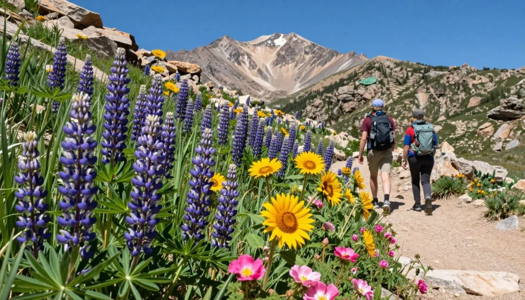 Summer wildflowers blooming along Pikes Peak trail with purple, yellow, and pink alpine flowers Summer wildflowers blooming along Pikes Peak trail with purple, yellow, and pink alpine flowers