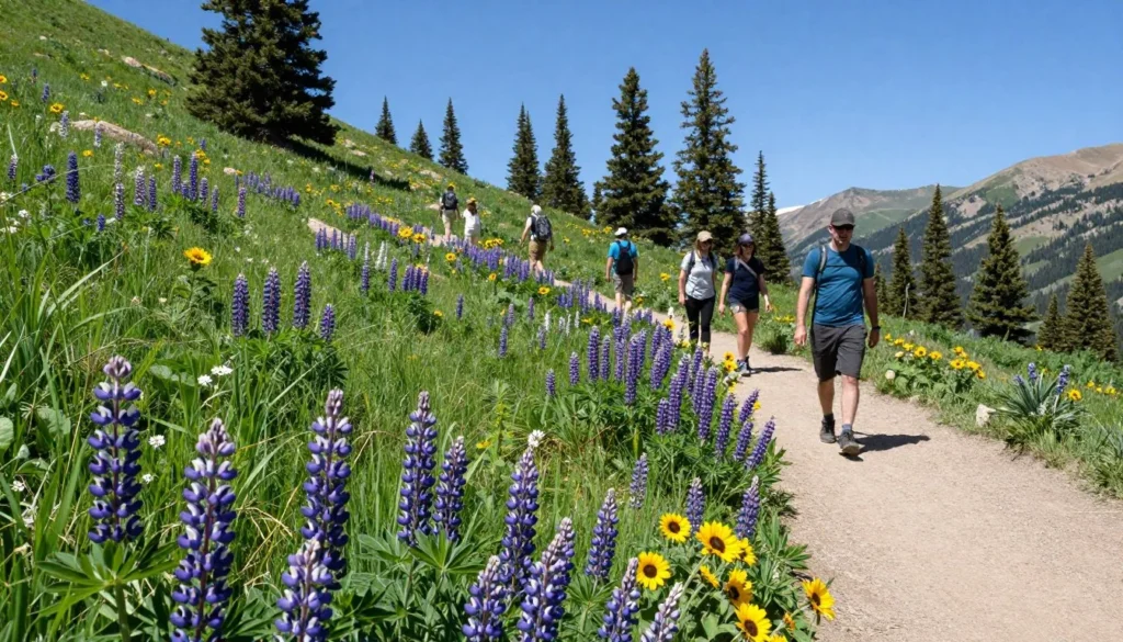 Summer wildflowers blooming along mountain trail in Colorado