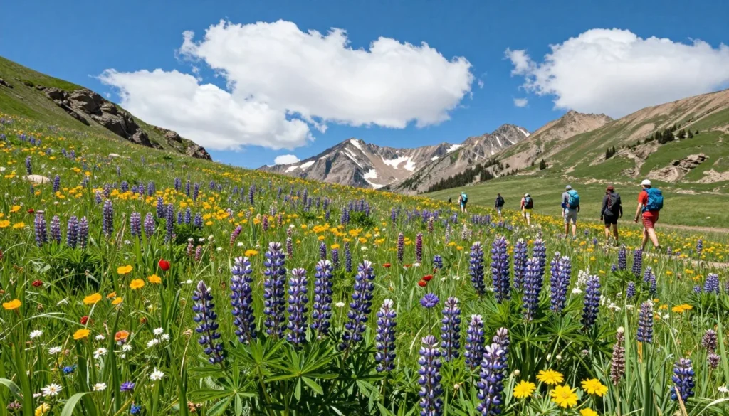 Summer wildflowers blooming on Mount Princeton alpine meadow with hikers on trail Summer wildflowers blooming on Mount Princeton alpine meadow with hikers on trail