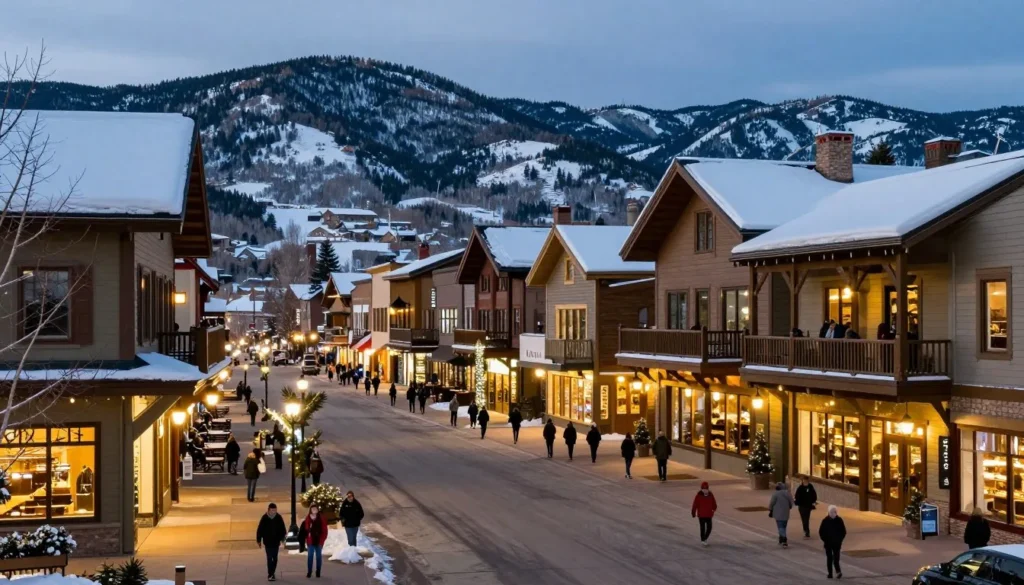 Summit County Colorado mountain town with shops and restaurants in winter Summit County Colorado mountain town with shops and restaurants in winter
