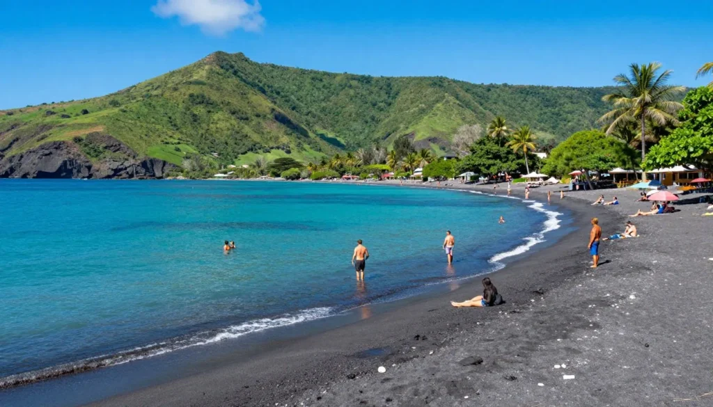 Sunny day at Montserrat beach with clear turquoise water and green hills
