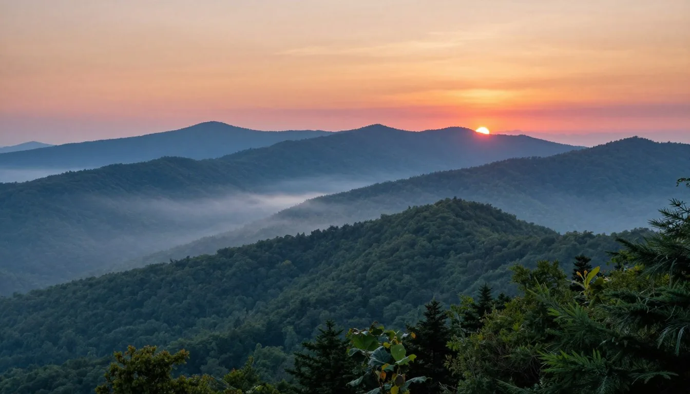 Sunrise over Appalachian Mountains Tennessee with layered ridges and morning mist