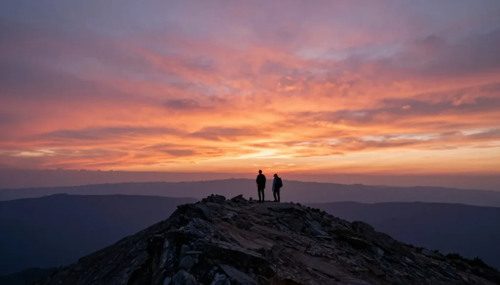 Sunset alpenglow on Mount Princeton summit with hikers silhouetted against colorful sky Sunset alpenglow on Mount Princeton summit with hikers silhouetted against colorful sky