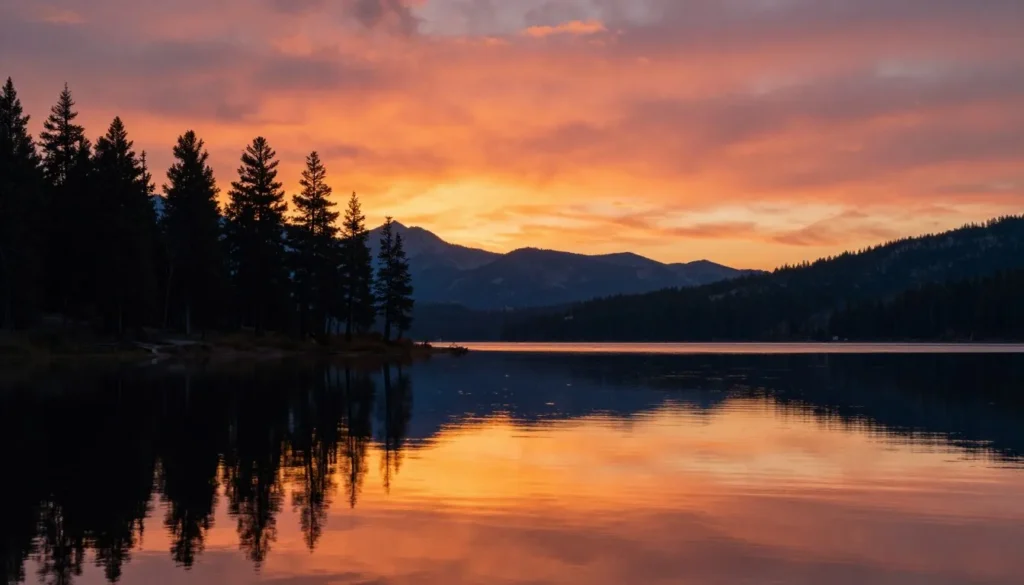 Sunset colors reflecting on calm Jordanelle Reservoir waters