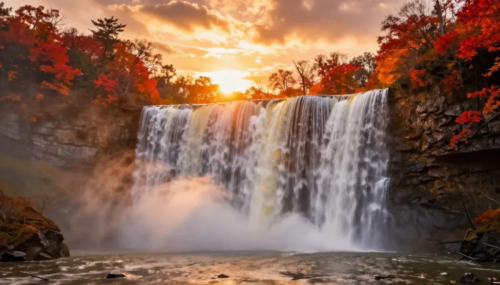 Sunset golden light on Burgess Falls Tennessee waterfall through autumn trees