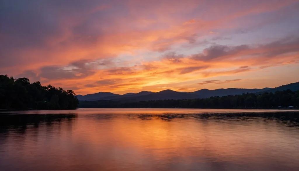 Sunset over Boone Lake with vibrant orange and pink sky reflected in water
