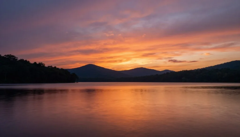 Sunset over Cherokee Lake Tennessee with vibrant orange and purple sky