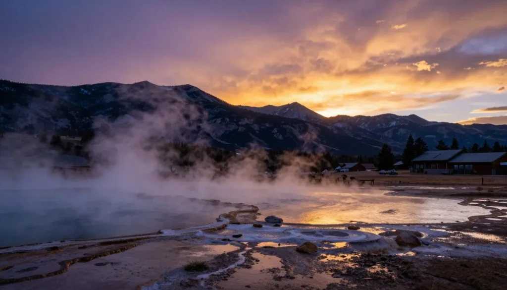 Sunset over Ouray Colorado with hot springs steam and mountain silhouettes Sunset over Ouray Colorado with hot springs steam and mountain silhouettes