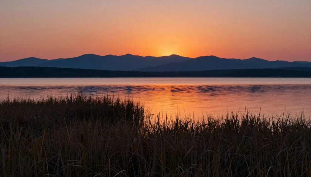 Sunset over Ruby Lake National Wildlife Refuge with marsh grasses silhouetted against colorful sky