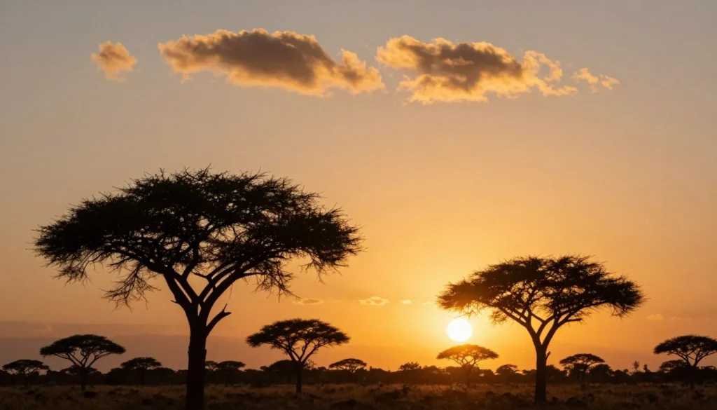Sunset over Swaziland landscape with silhouetted acacia trees and golden sky Sunset over Swaziland landscape with silhouetted acacia trees and golden sky