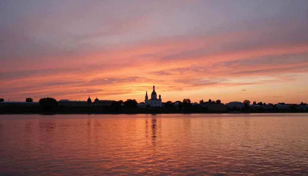Sunset over Volga River with silhouette of Tver cityscape and church domes