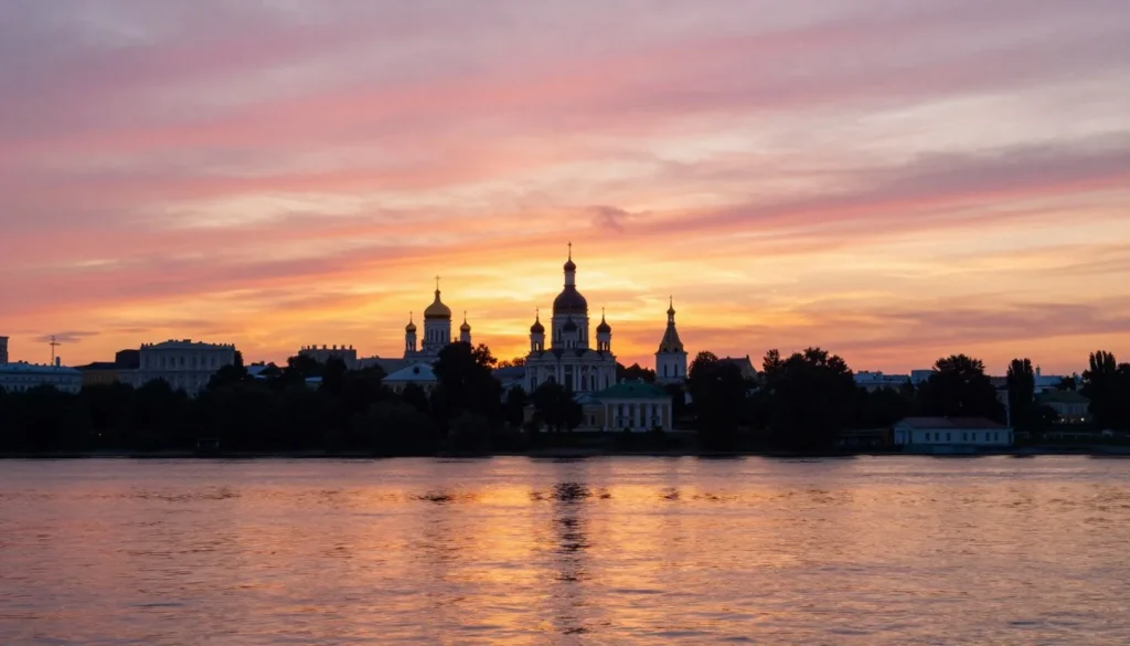 Sunset over Yaroslavl Oblast with church silhouettes