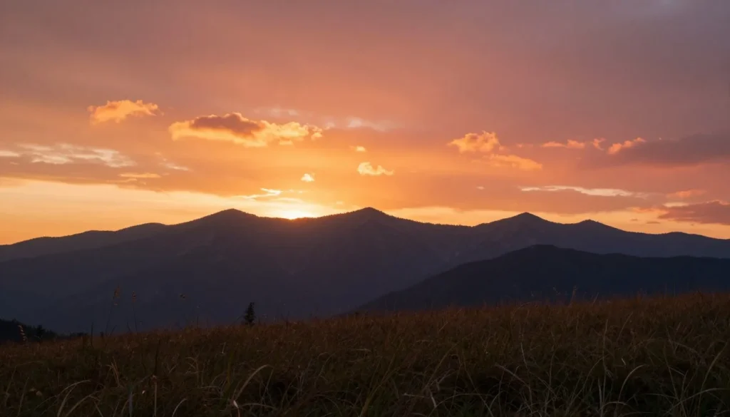 Sunset view from Andrews Bald over mountain ranges
