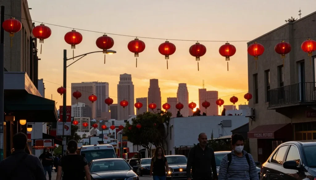 Sunset view of Chinatown Los Angeles with illuminated lanterns and city skyline Sunset view of Chinatown Los Angeles with illuminated lanterns and city skyline