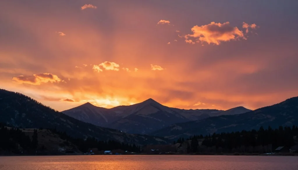 Sunset view of Spanish Peaks from Lathrop State Park