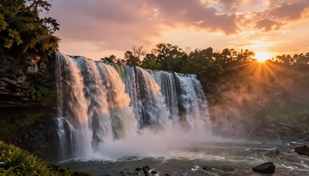 Sunset view over Cane Creek Falls with golden light illuminating the waterfall