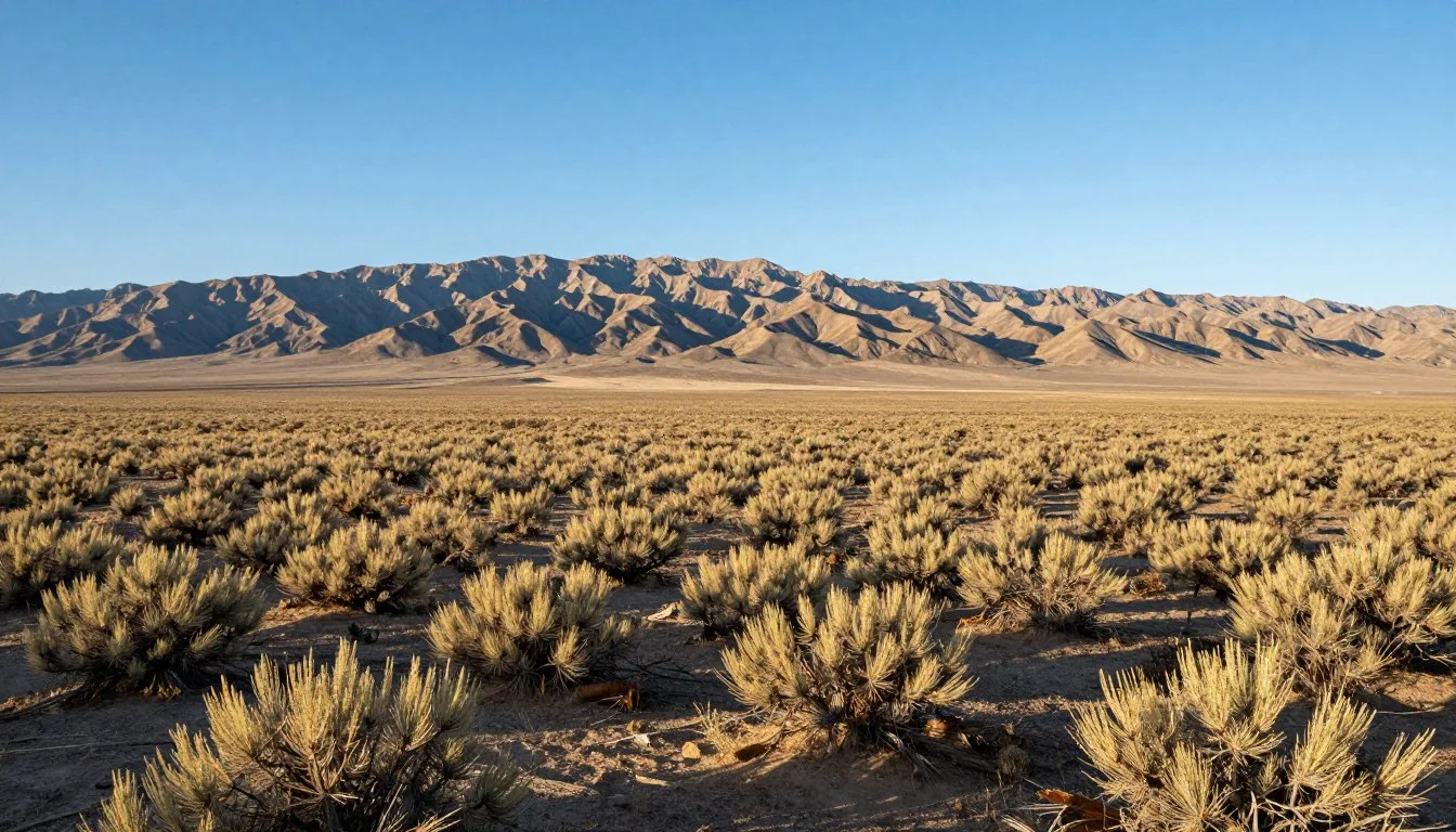 Sweeping view of Rubi Desert Great Basin Nevada with sagebrush valleys and distant mountain ranges under clear blue sky