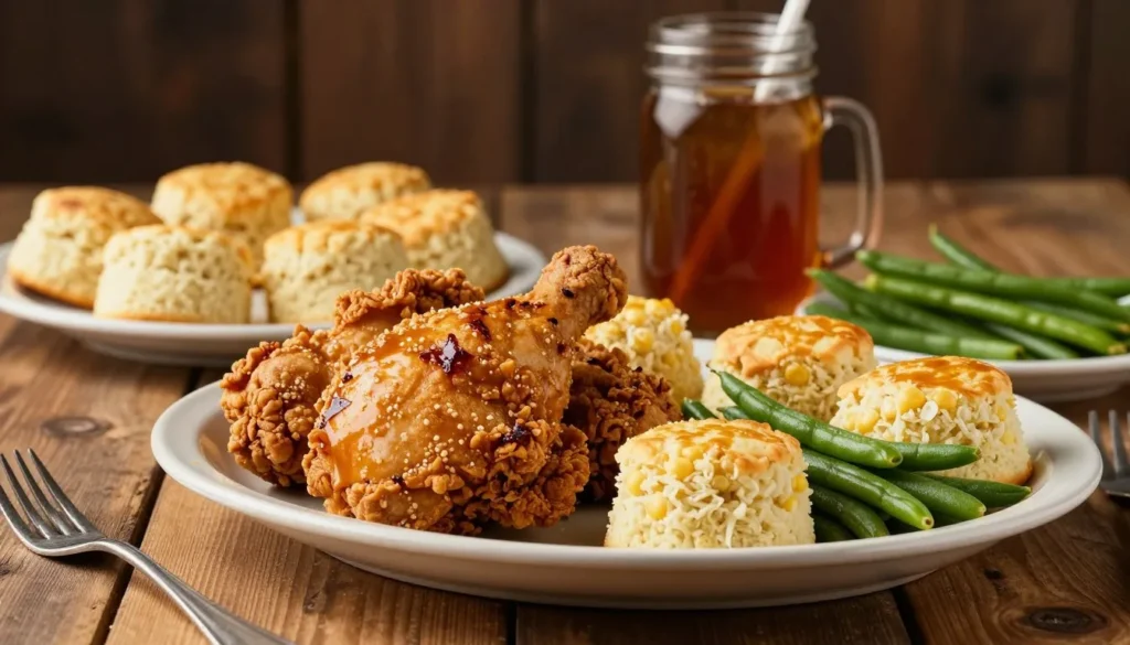 Table spread with traditional Southern Tennessee comfort food including fried chicken, biscuits, and fresh vegetables Table spread with traditional Southern Tennessee comfort food including fried chicken, biscuits, and fresh vegetables