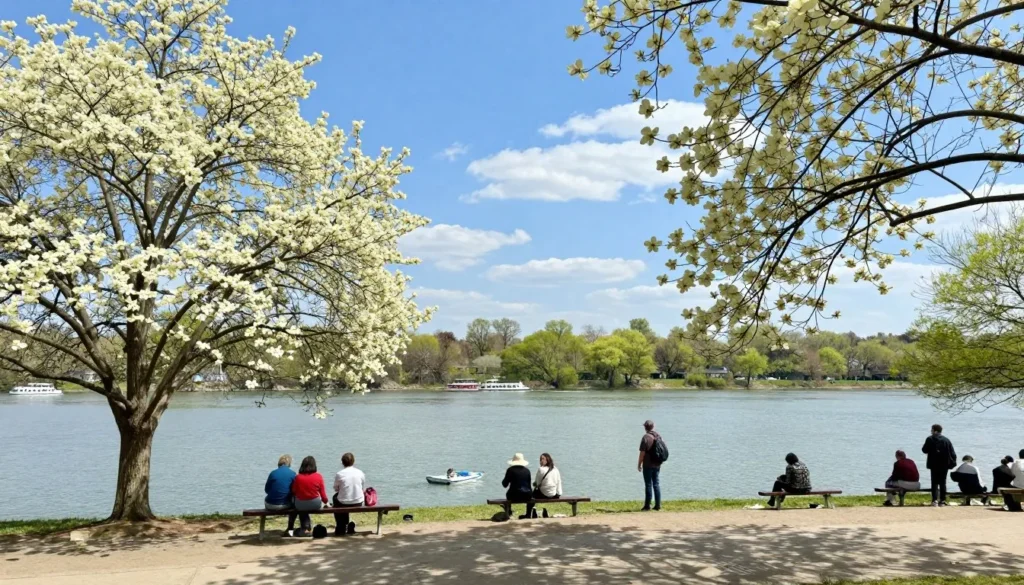 Tennessee River spring season with blooming trees and pleasant weather