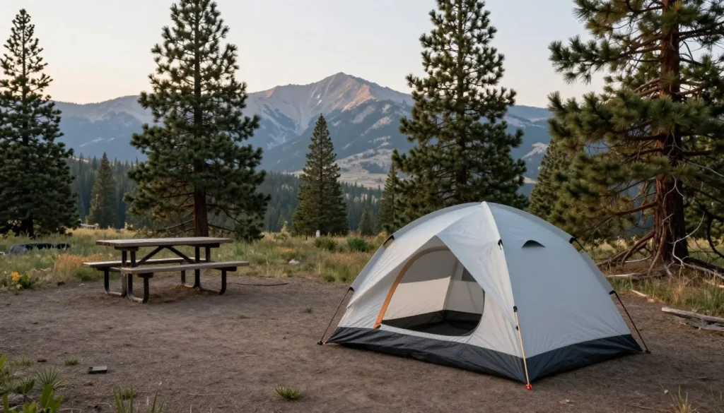 Tent camping setup in Great Basin National Park campground with mountain and forest views