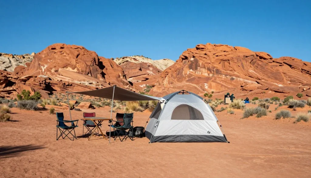 Tent camping setup with red rock backdrop at desert campsite Tent camping setup with red rock backdrop at desert campsite