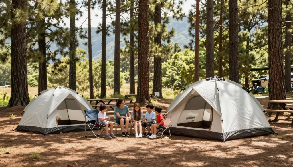 Tent camping site among pine trees at Pearl Lake Tent camping site among pine trees at Pearl Lake