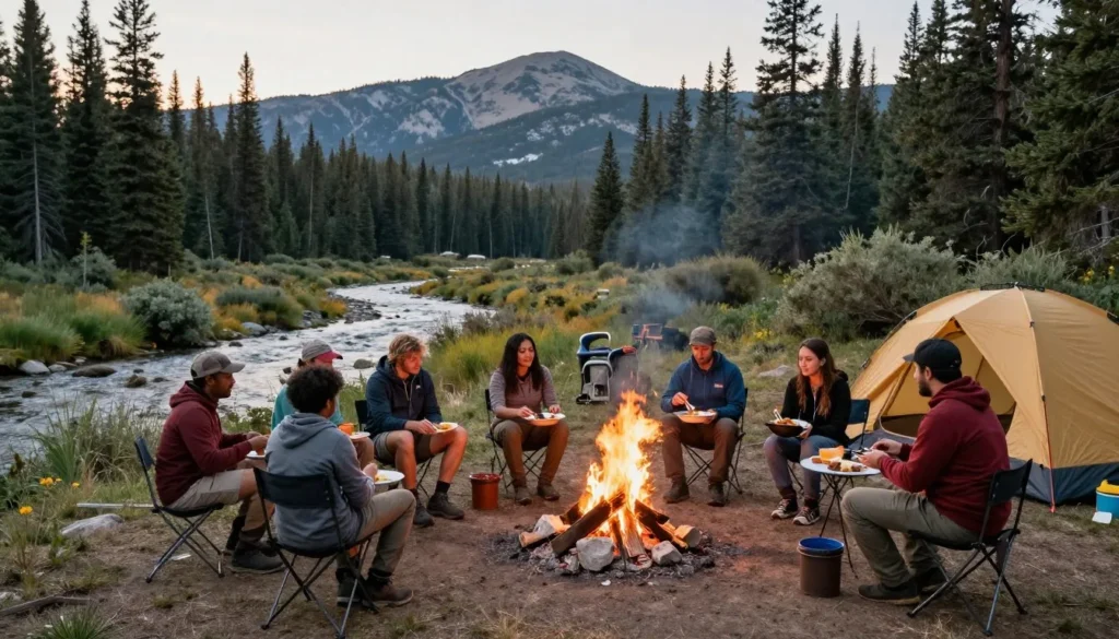Tent camping site with diverse campers cooking dinner near mountain stream