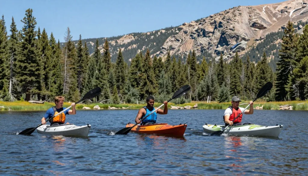 Three kayakers on Button Rock Reservoir Colorado mountains