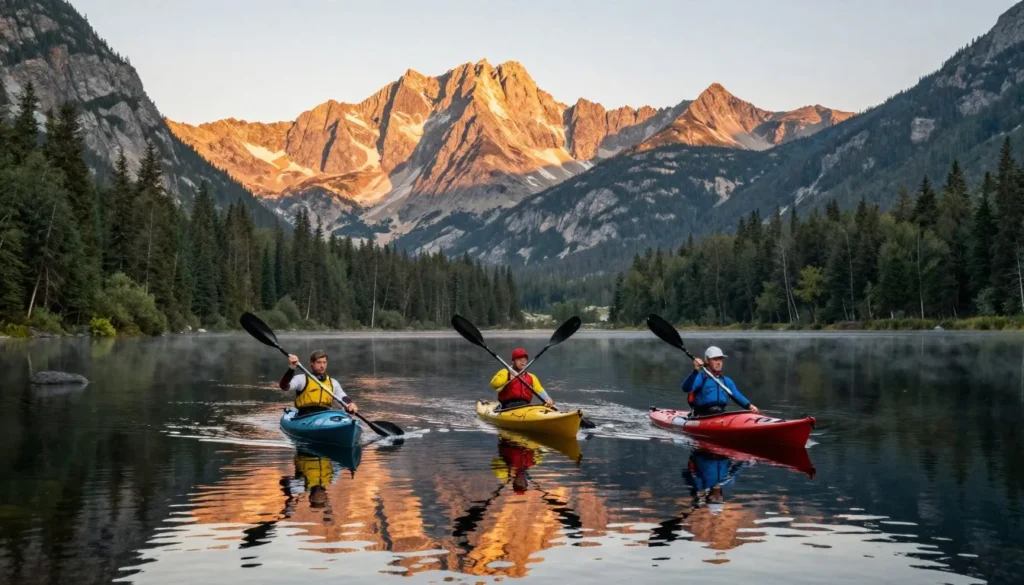 Three kayakers paddling on calm mountain lake with reflection of peaks Three kayakers paddling on calm mountain lake with reflection of peaks