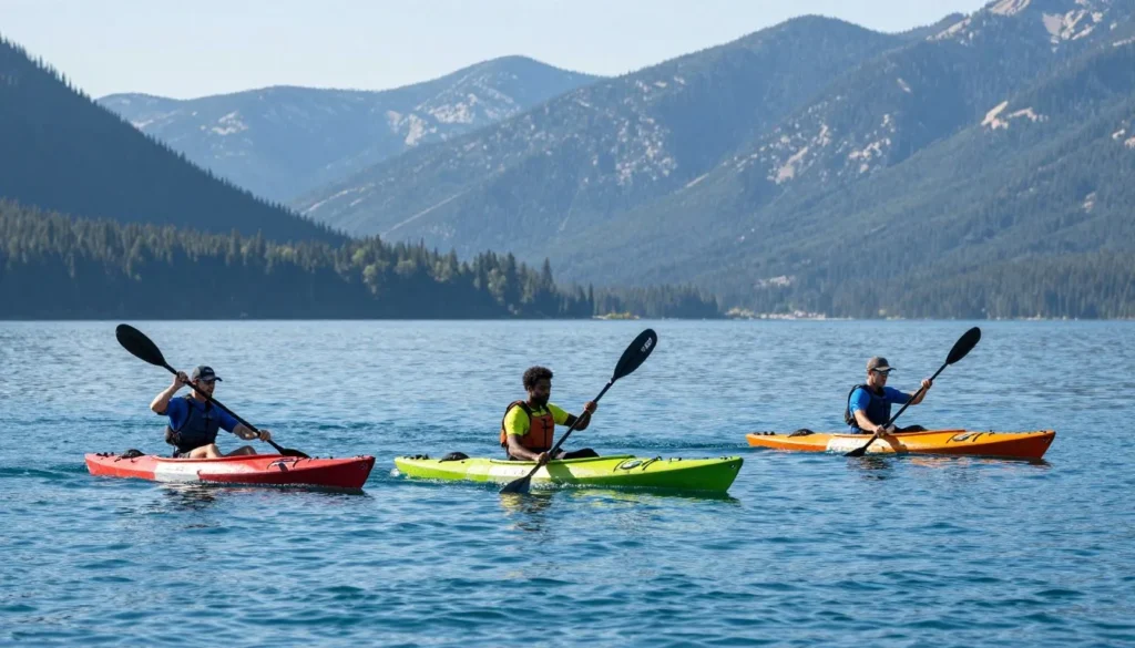 Three kayakers paddling on turquoise Bear Lake water near mountains