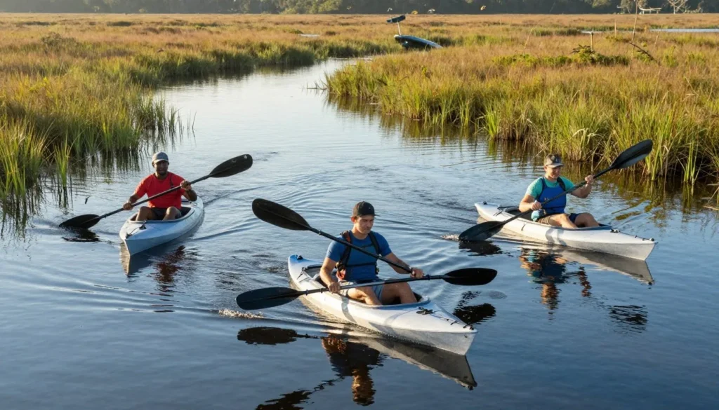 Three kayakers paddling through calm Louisiana marsh canal Three kayakers paddling through calm Louisiana marsh canal