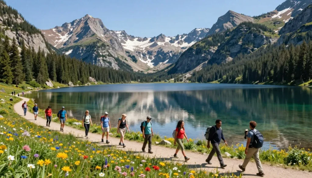 Tony Grove Lake reflecting mountain peaks with diverse hikers on shore trail