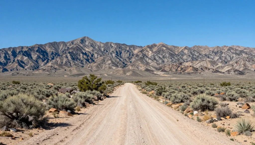 Toquima Range mountain vista with dirt road approach Nevada wilderness