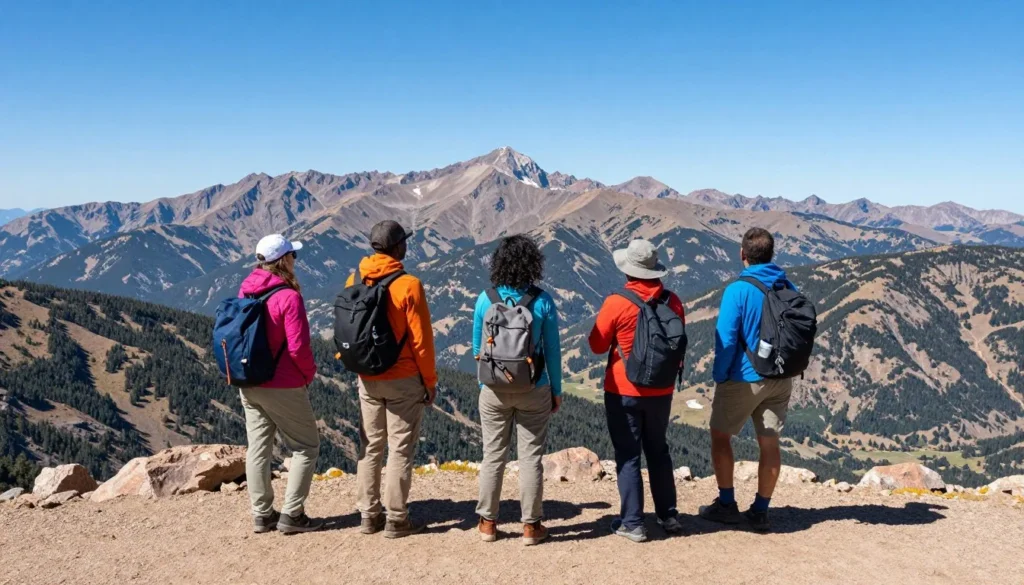 Tour group of diverse visitors viewing Pikes Peak scenery Tour group of diverse visitors viewing Pikes Peak scenery