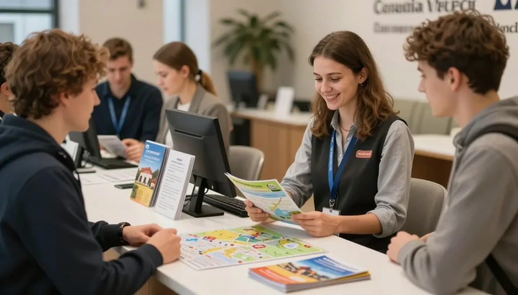 Tourist information point with helpful staff assisting visitors