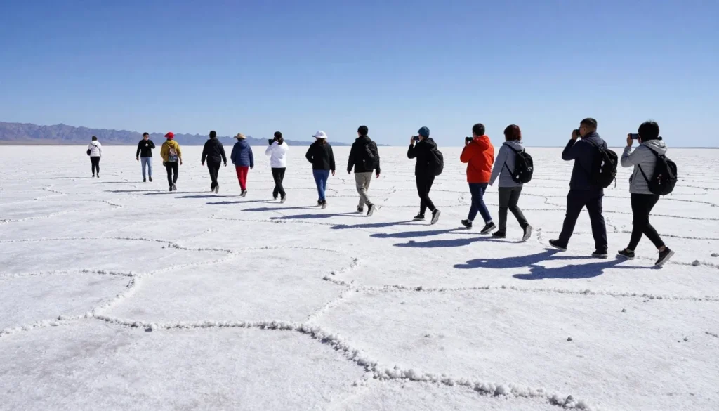 Tourists exploring Bonneville salt flats surface