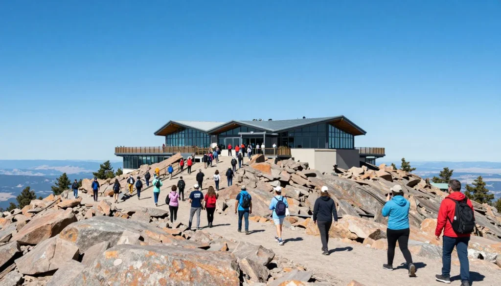 Tourists exploring Pikes Peak summit area with visitor center and observation points visible Tourists exploring Pikes Peak summit area with visitor center and observation points visible
