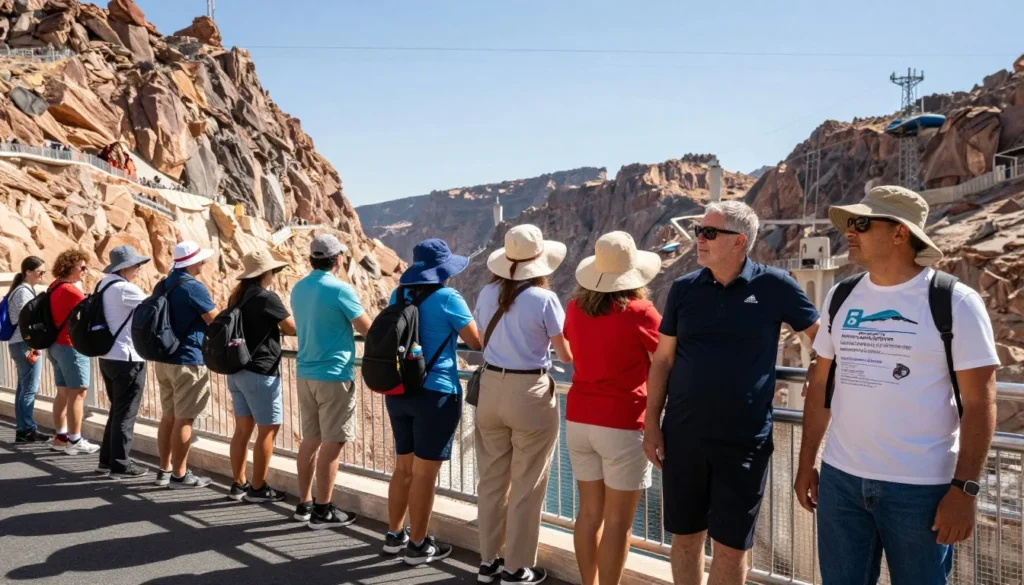 Tourists following safety guidelines at Hoover Dam overlook Tourists following safety guidelines at Hoover Dam overlook