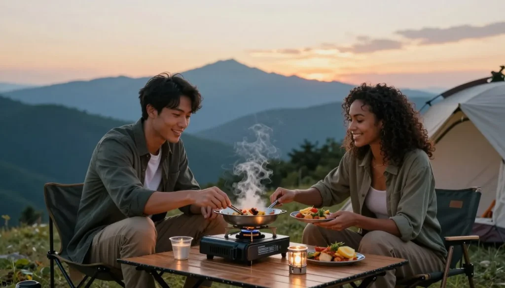Tourists preparing food at campsite with mountain view in background showing budget-friendly camping experience Tourists preparing food at campsite with mountain view in background showing budget-friendly camping experience
