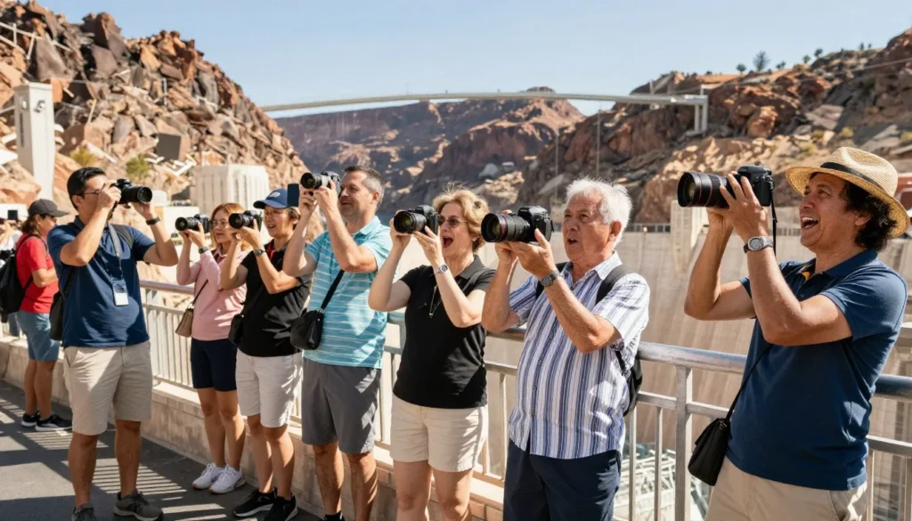Tourists taking photos at Hoover Dam scenic overlook Tourists taking photos at Hoover Dam scenic overlook
