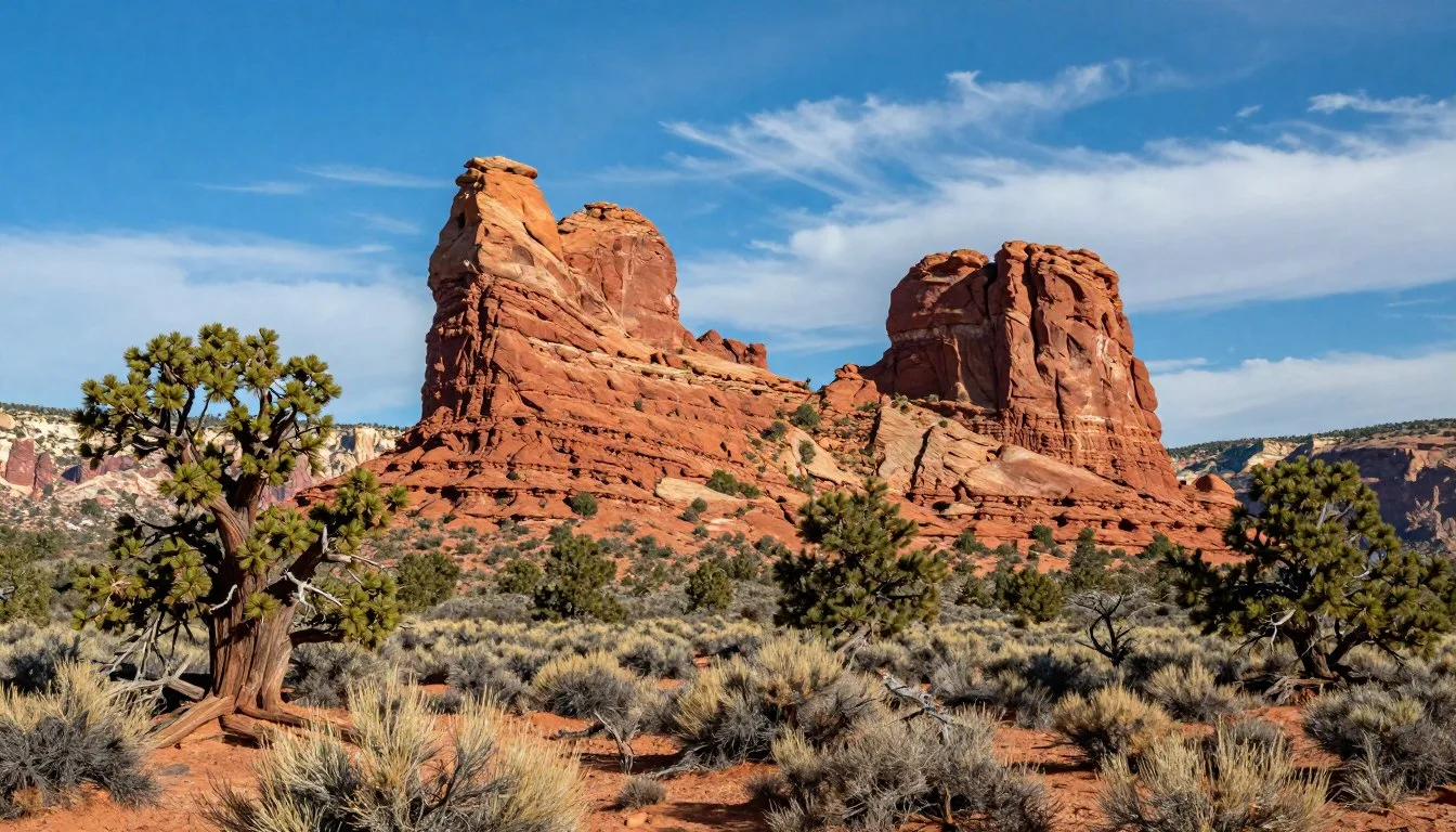 Towering red rock buttes at Bears Ears National Monument under blue sky