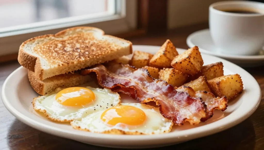 Traditional American diner meal with hearty breakfast plate