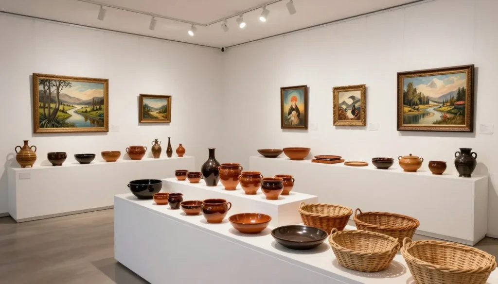 Traditional Appalachian crafts display with pottery and handmade items
