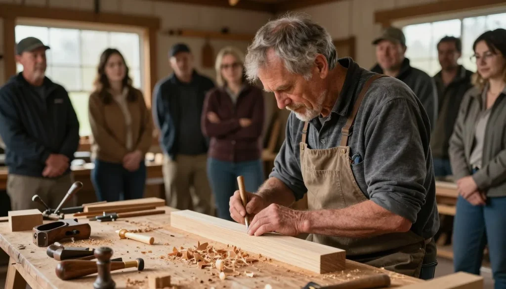 Traditional Appalachian craftsperson demonstrating woodworking skills at mountain heritage center Traditional Appalachian craftsperson demonstrating woodworking skills at mountain heritage center