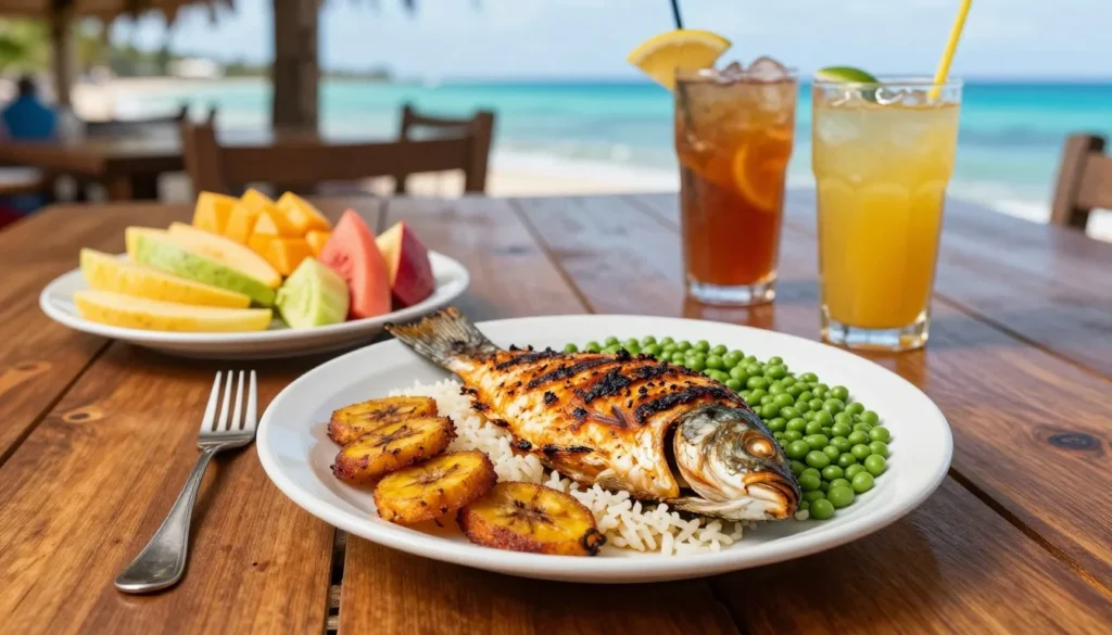 Traditional Caribbean meal with fresh seafood and tropical fruits