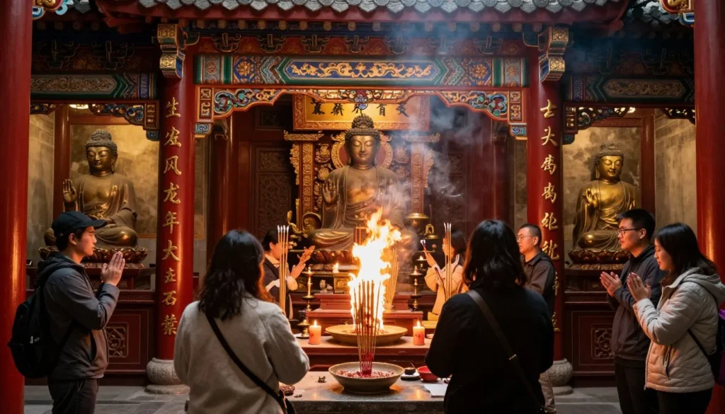 Traditional Chinese temple interior in Chinatown San Francisco with incense and diverse worshippers Traditional Chinese temple interior in Chinatown San Francisco with incense and diverse worshippers