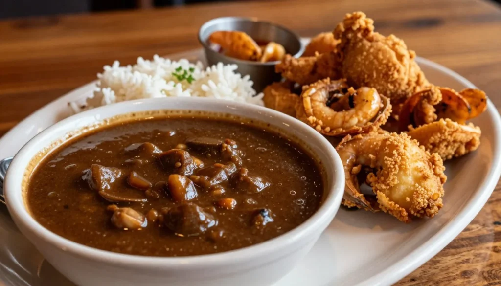 Traditional Louisiana Cajun cuisine platter with gumbo and seafood Traditional Louisiana Cajun cuisine platter with gumbo and seafood