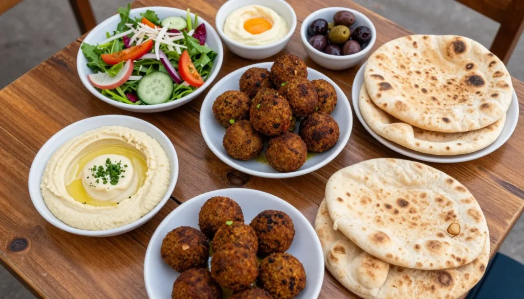 Traditional Middle Eastern mezze spread with hummus, falafel, fresh vegetables and pita bread on outdoor restaurant table