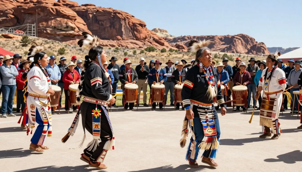 Traditional Native American cultural celebration with dancers in ceremonial dress