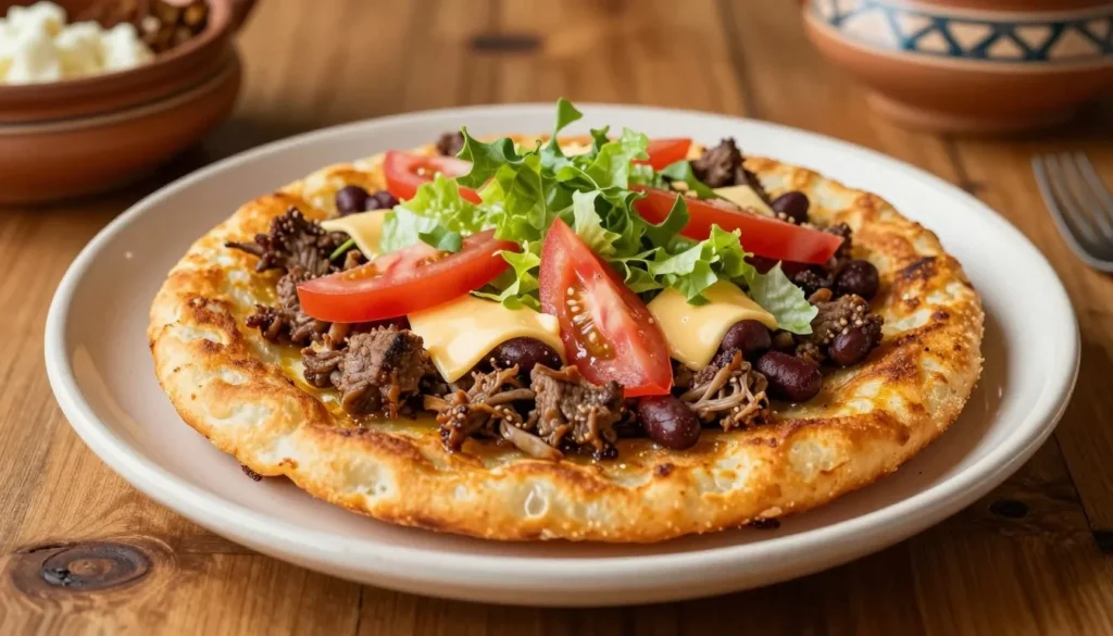 Traditional Navajo frybread with toppings served on rustic wooden table